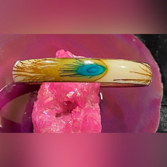 🔥 Vintage Peacock Feathers Enamel Brass Bangle Bracelets #9267